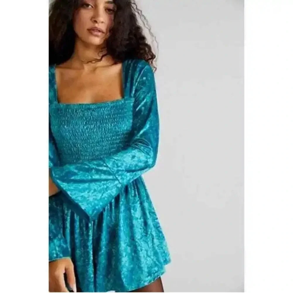 New! Free People Bali tight rope romper blue green velvet nwot 29047